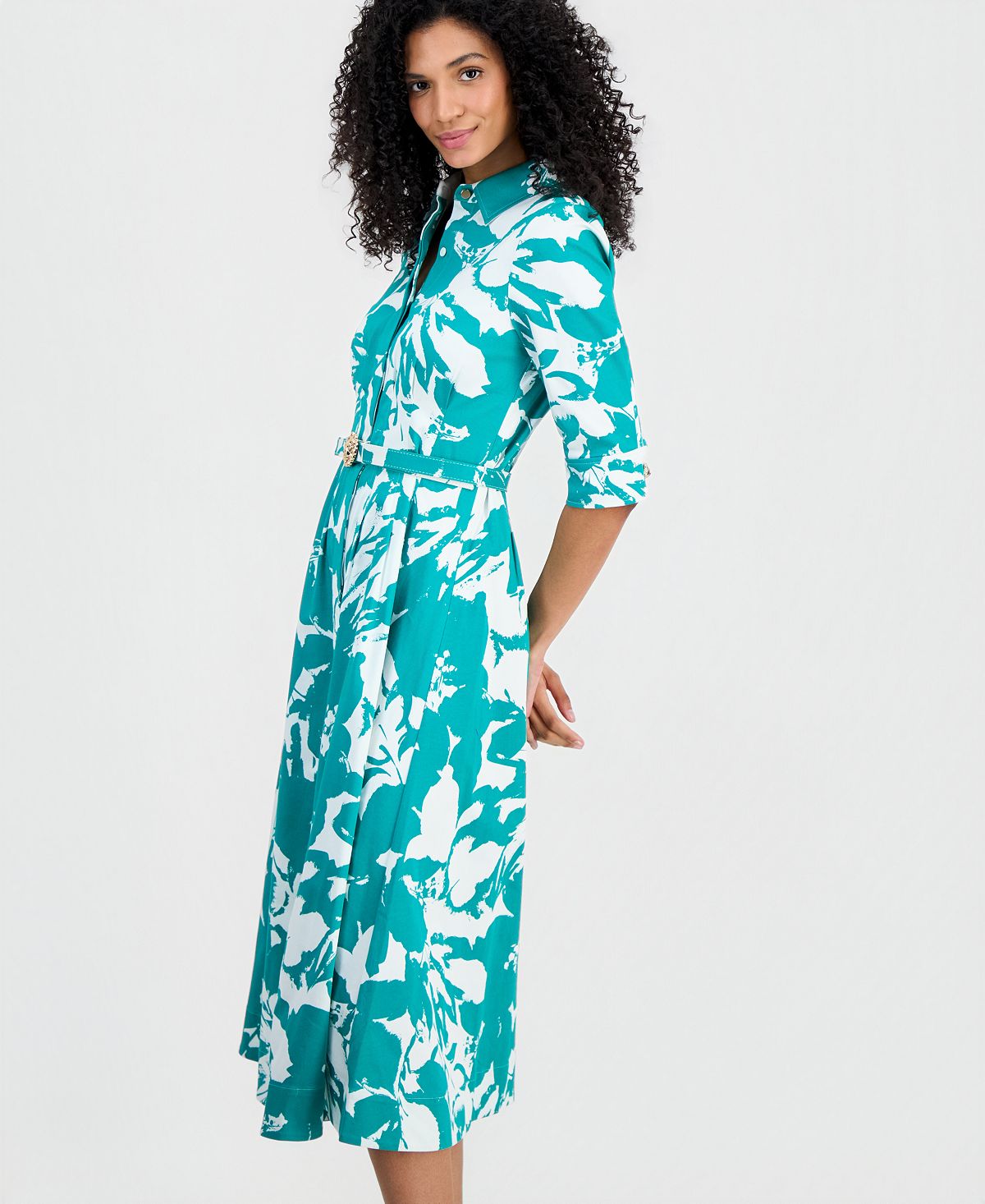 Anne Klein Women's Elbow-Sleeve Waist Tuck Midi Shirtdress view 3 — MAYCSS fashion products