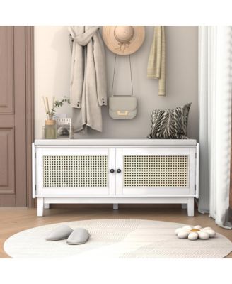 Rattan Shoe Storage Bench, Wooden Shoe Organizer with Cushion, 2 Doors, 2-Tier Shoe Rack and Adjustable Shelves for Entryway, Hallway