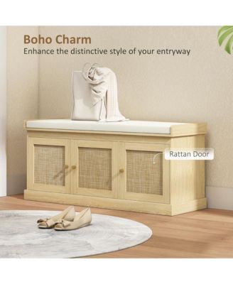 Shoe Storage Bench - Entryway Organizer with Woven Rattan Doors, Adjustable Shelves and Removable Cushion Cover for Hallway