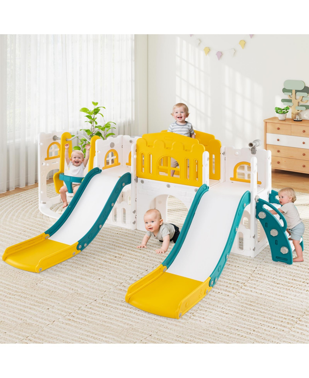 Mecale 10-in-1 Toddler Slide and Swing Set with 2 Slides and Tunnel