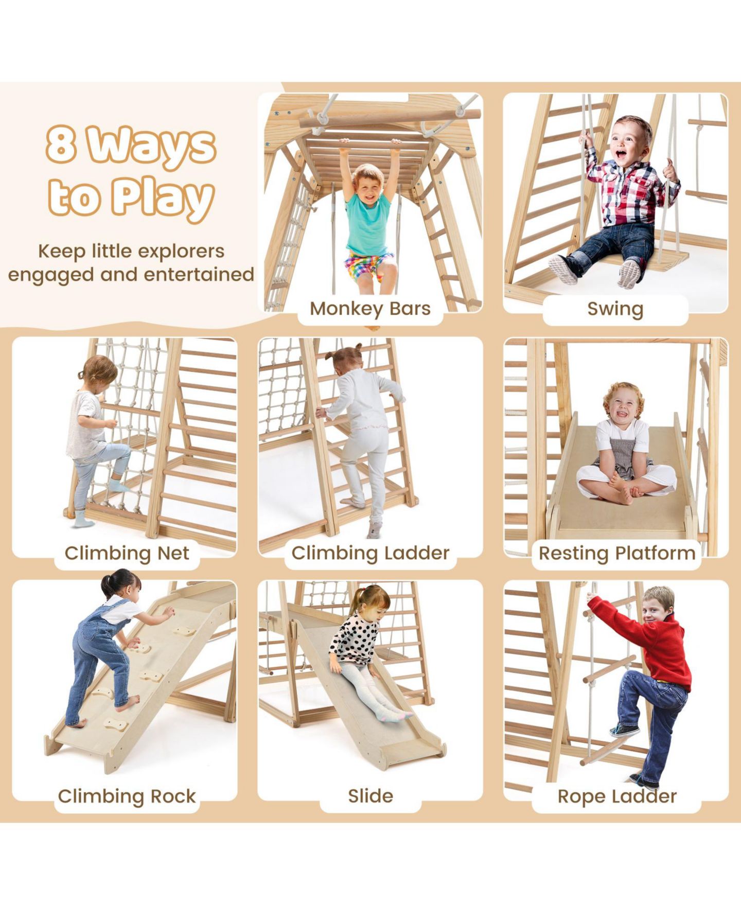 Детская игрушка Mecale 8-in-1 Montessori Wooden Jungle Gym Climber with Slide, Monkey Bars & Climbing Net, Ages 3-5, цвет: Коричневый — фото 4