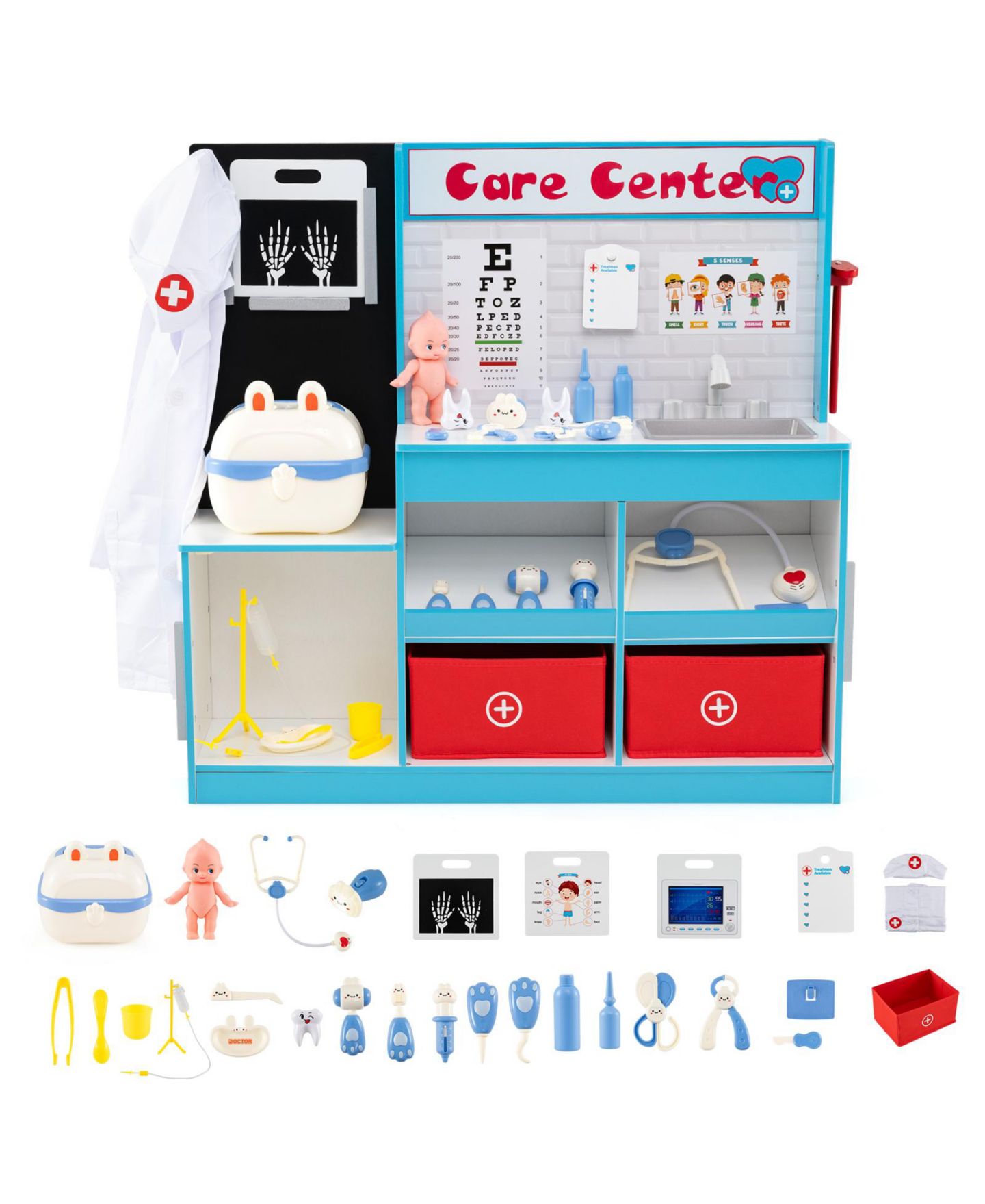 Детские игрушки Mecale Play Doctor s Office Wooden Medical Center Toy Set with Exam Area for Kids, цвет: Синий — фото 1