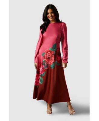 Women's Premium Satin Placement Print Maxi Dress