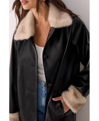 Women's Faux Leather Longline Fur Trim Coat