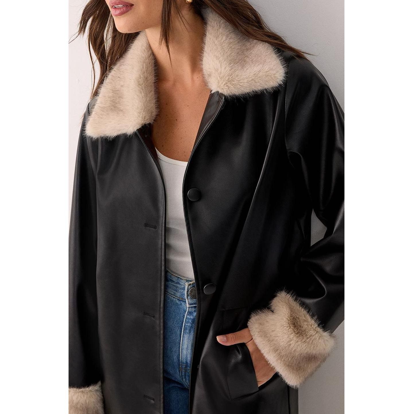 Женское пальто Nasty Gal Faux Leather Longline Fur Trim, цвет: Чёрный — фото 6