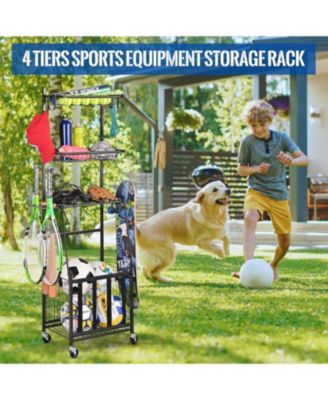 4-Tier Sports Equipment Storage Organizer, Black, Plastic, Wheeled