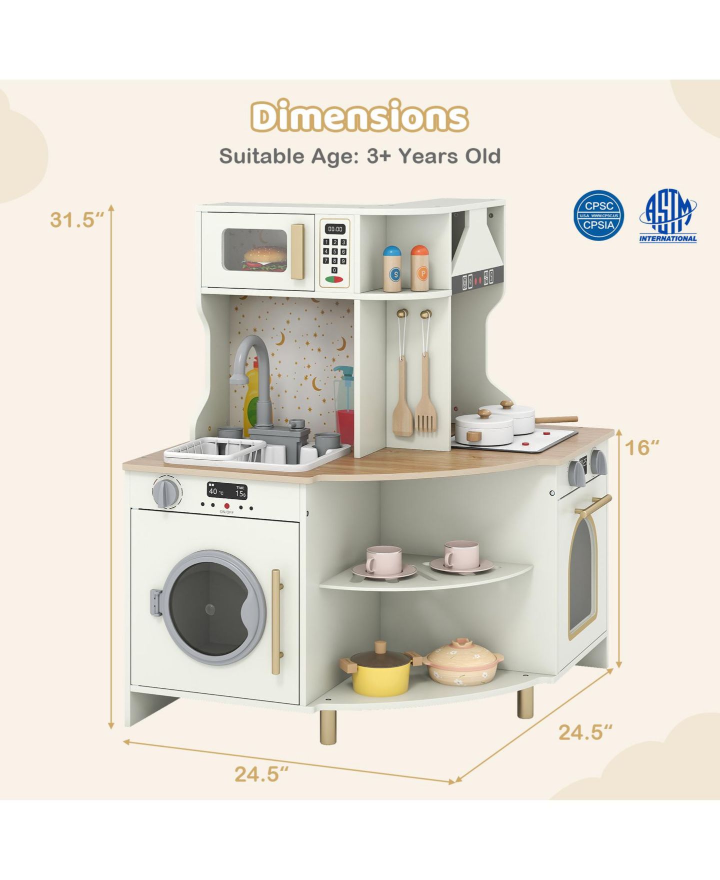 Детский игровой набор Mecale Wooden Corner Kitchen Playset with Working Faucet & Sink, Ages 3+, цвет: Белый — фото 3