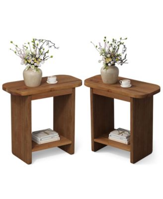 Solid Wood Side Table Set of 2, H-Shaped 2-Tier End Table with Storage Shelf, Farmhouse Narrow Nightstand