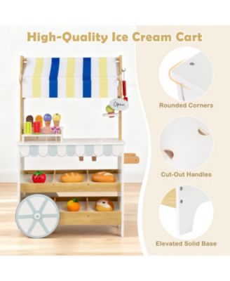 Wooden Ice Cream Cart for Kids, 2-in-1 Grocery Store Playset with Display Shelves
