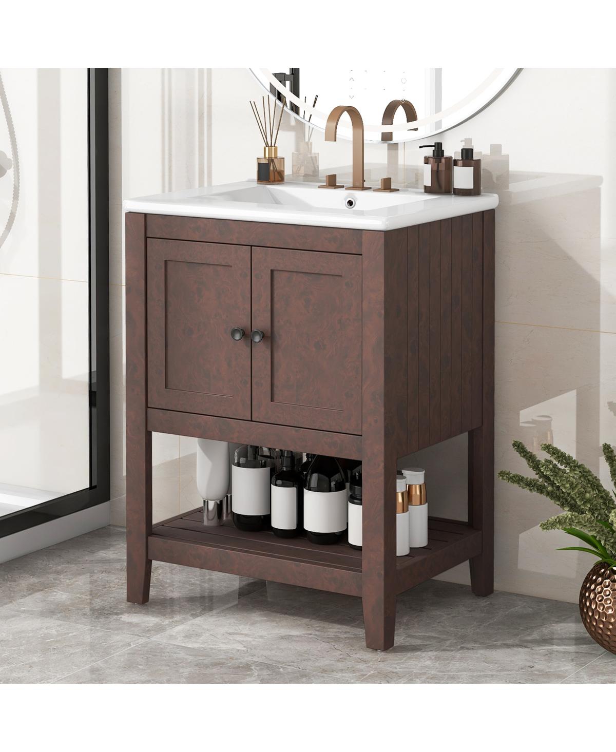 Sillysis 24" Bathroom Vanity with Ceramic Sink, Solid Wood Frame, Open Shelf Storage for Modern Small Spaces