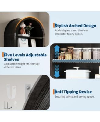Tall Arched Display Cabinet 7-Tier Adjustable Shelf Bookcase Kitchen Pantry Entryway Shoe Cabinet Farmhouse Storage Organizer