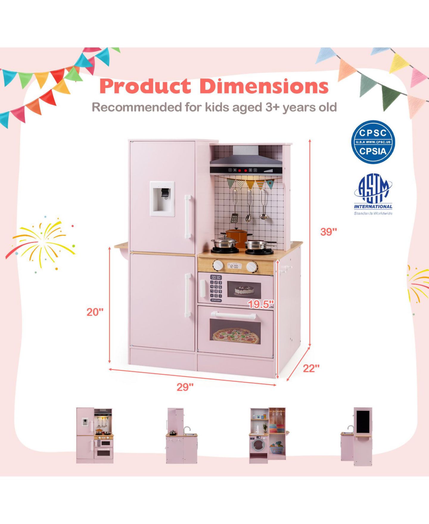 Детские игрушки Mecale Dual-Sided Kids Play Kitchen with Water Dispenser, 10-Piece Set, Ages 3+, цвет: Розовый — фото 3