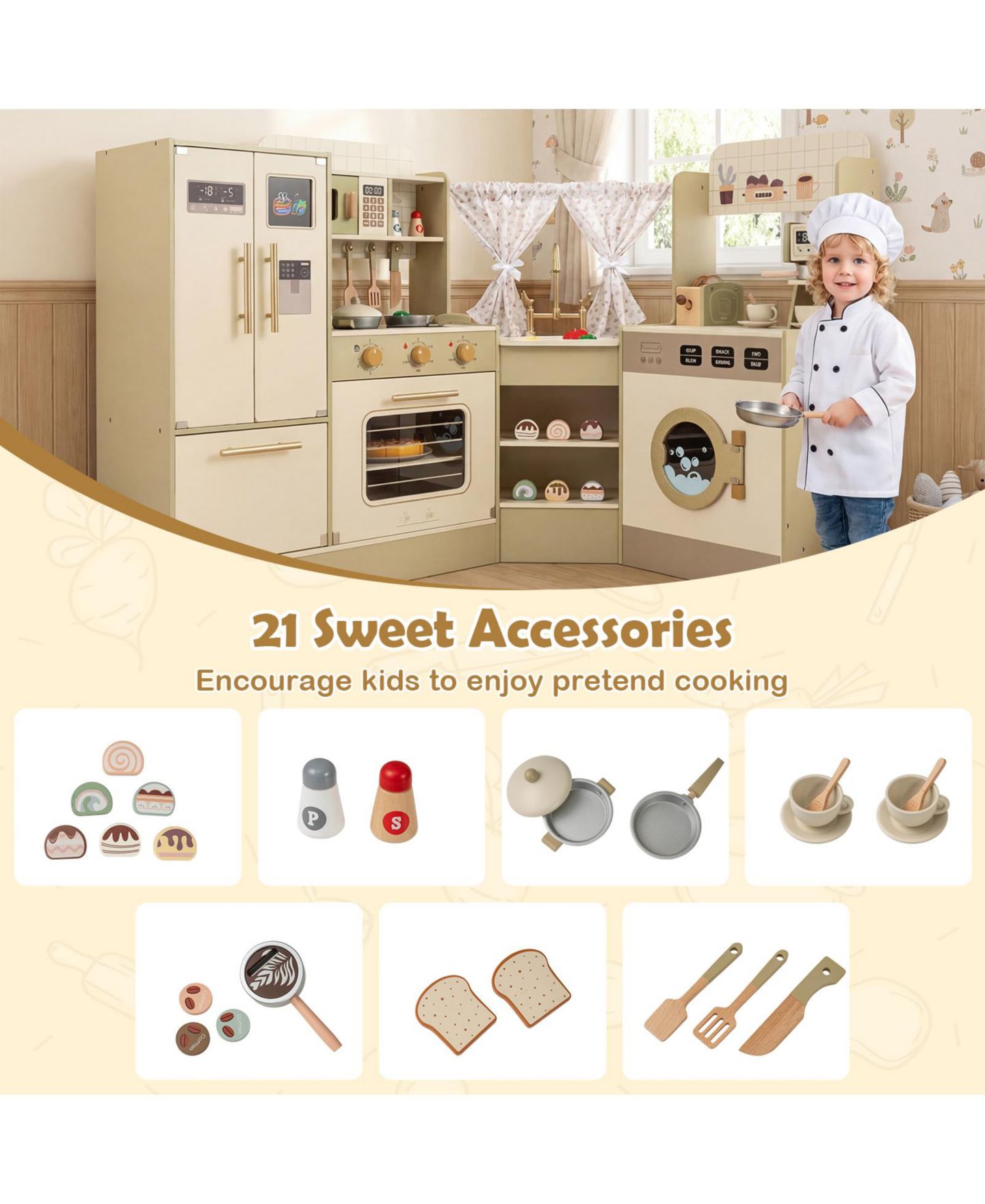 Детские игрушки Mecale Corner Play Kitchen with Interactive Knobs, 21-Piece Set, Ages 3+, цвет: Коричневый — фото 7