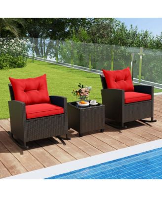 3 PCS Patio Wicker Rocking Set with Tempered Glass Table and Soft Cushions Outdoor