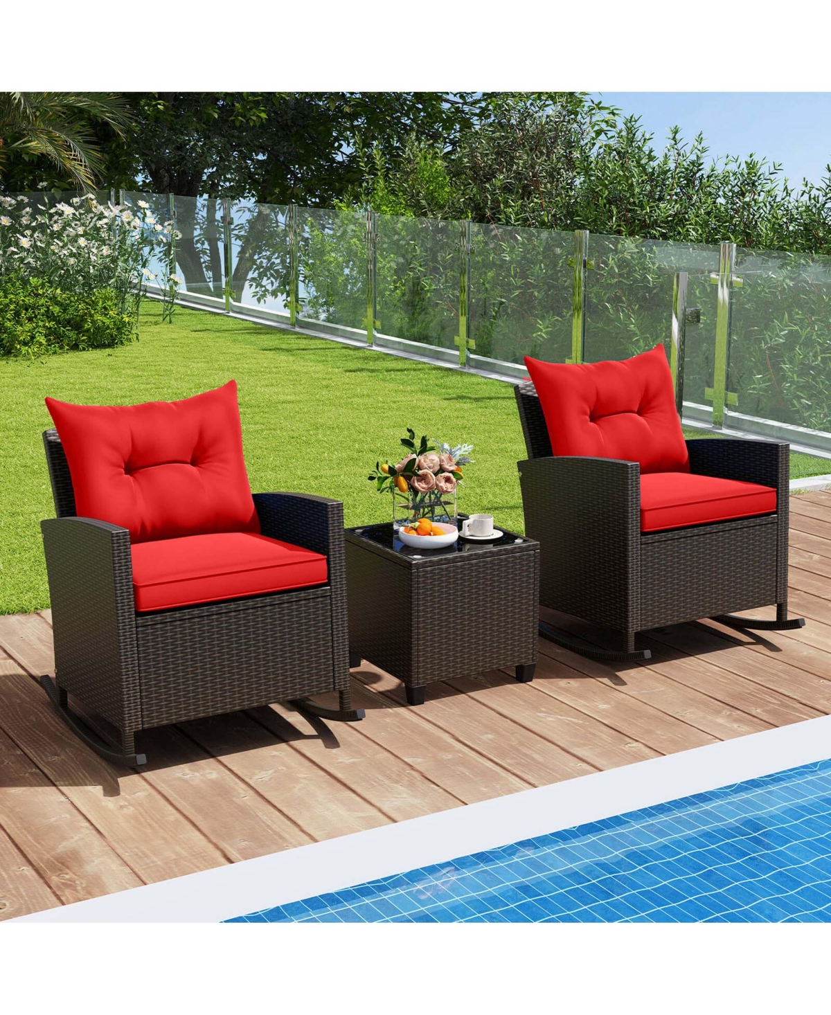 3 Pcs Patio Wicker Rocking Set with Tempered Glass Table & Soft Cushions Outdoor