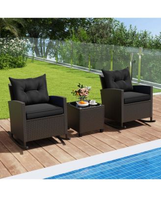 3 PCS Patio Wicker Rocking Set with Tempered Glass Table and Soft Cushions Outdoor