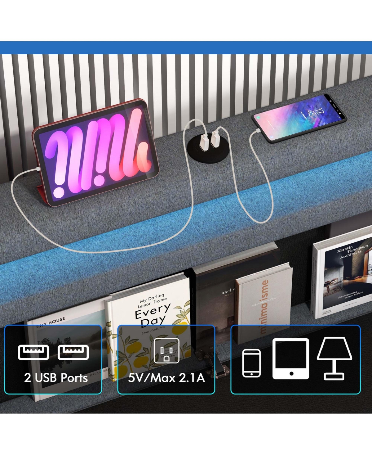 Full Size Bed Frame with Led Lights & Charging Station & Modern Upholstered Bed