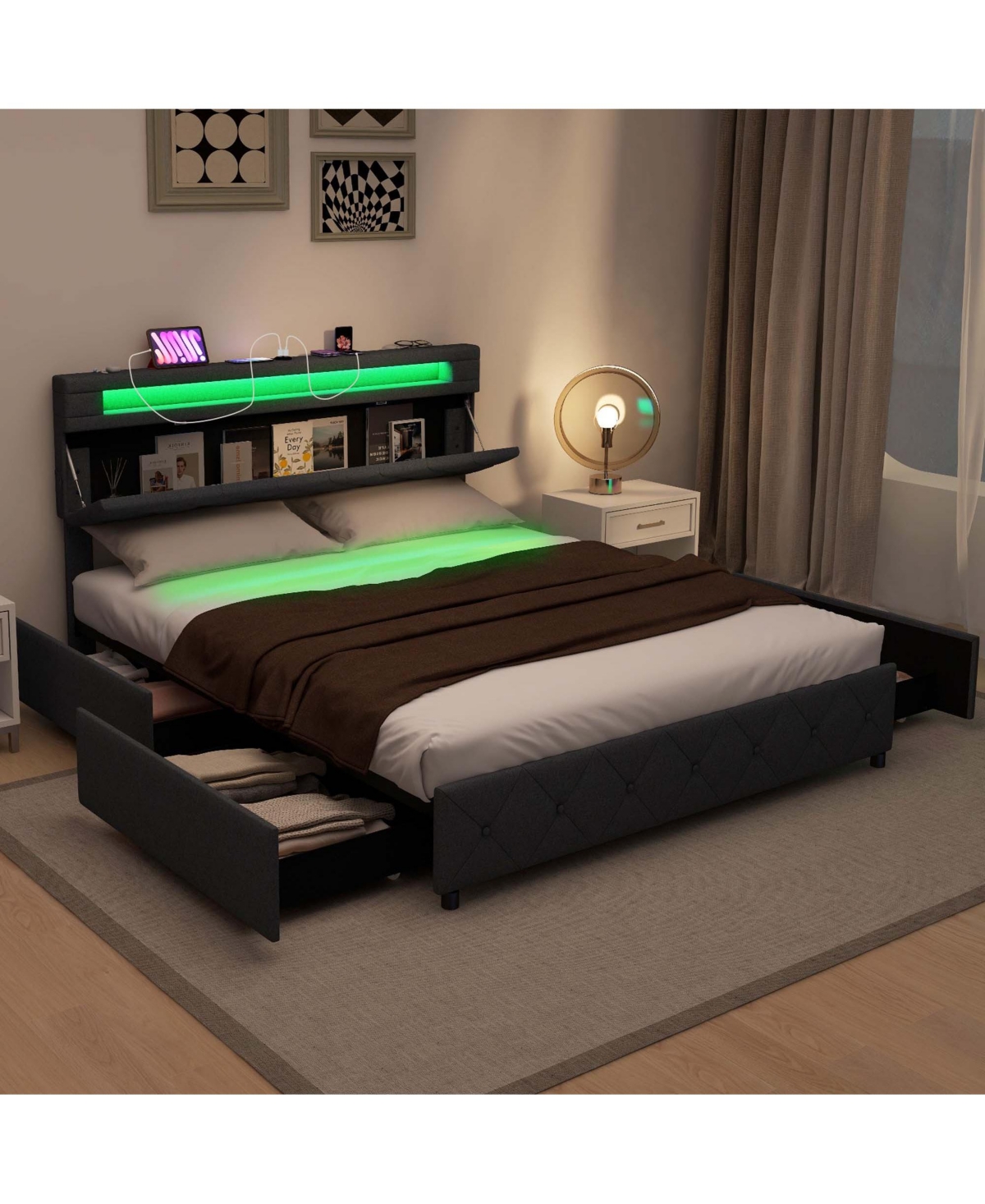 Queen Size Bed Frame with Led Lights & Charging Station & Modern Upholstered Bed