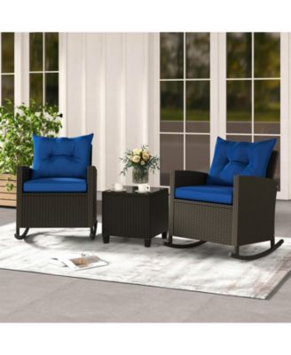 3 PCS Patio Wicker Rocking Set with Tempered Glass Table & Soft Cushions Outdoor