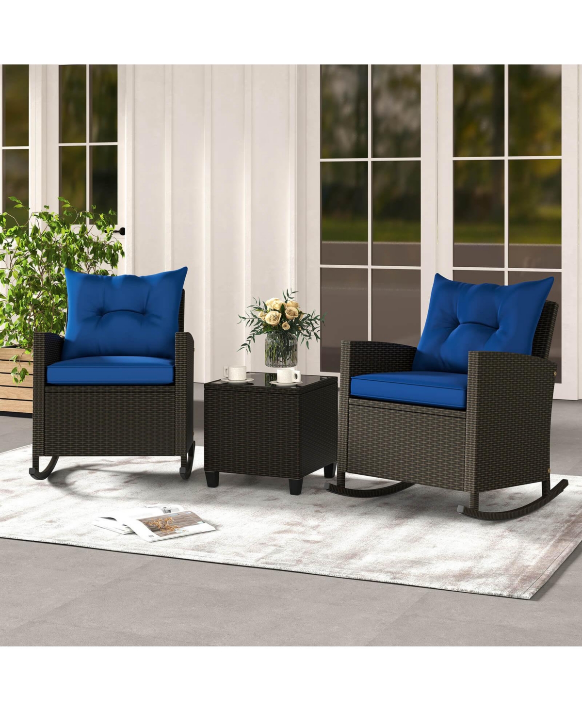 3 Pcs Patio Wicker Rocking Set with Tempered Glass Table & Soft Cushions Outdoor