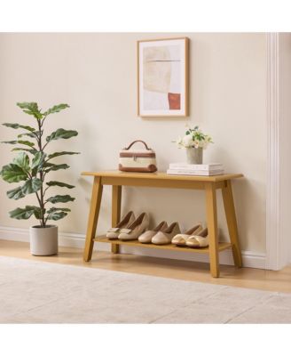 Modern wood entryway bench with storage shelf—space saving seating for hallways, bedrooms, living rooms, or narrow areas.