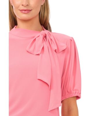 Women's Short-Sleeve Tie Neck Bow Detail Top