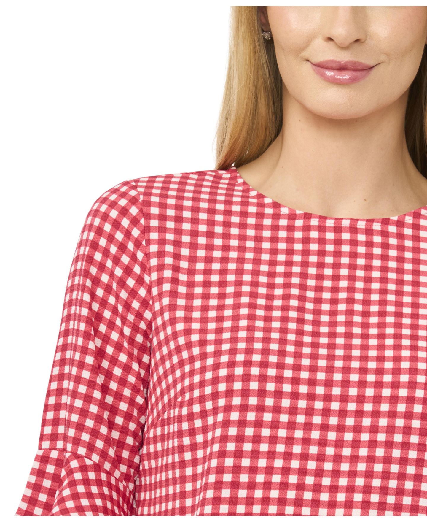 Женская блузка CeCe Gingham Crewneck 3/4-Sleeve Ruffled Cuff, цвет: Бордово-красный — фото 2