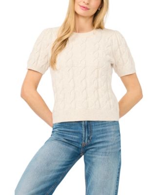 Women's Cable Puff-Sleeve Crew Neck Sweater
