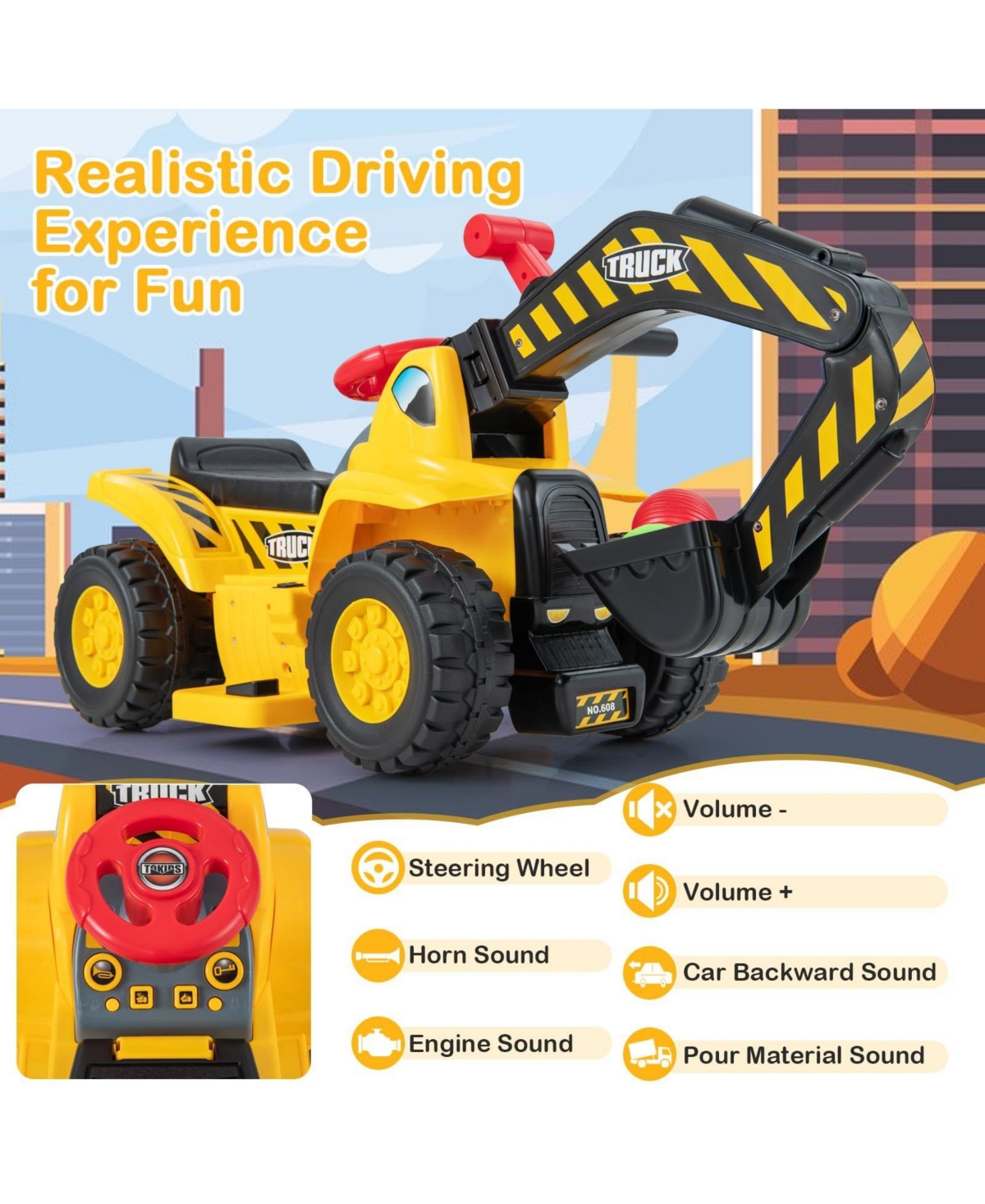 Mecale 6V Kids Ride On Excavator Fun Digger with Folding Basketball Hoop