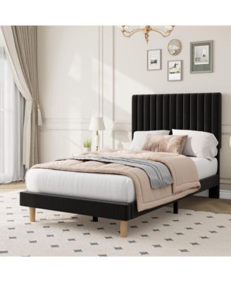 Twin Upholstered Platform Velvet Bed Frame with Headboard, Strong Wooden Slats Support