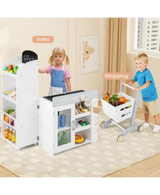 Kids Grocery Store Playset, Convertible Wooden Play Store with Shopping Cart for Pretend Play