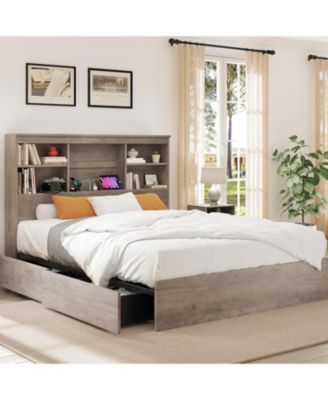 Bed Frame with High Storage Bookcase Headboard, Wood Bed Frame with 4 Storage Drawers, Built in Charging Station, No Box Spring Needed