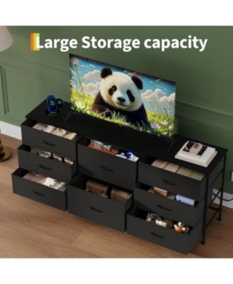 8 Drawer Fabric Dresser TV Stand with Wooden Top, Metal Frame Storage Chest, Wide Closet Organizer for Bedroom Living Room Hallway
