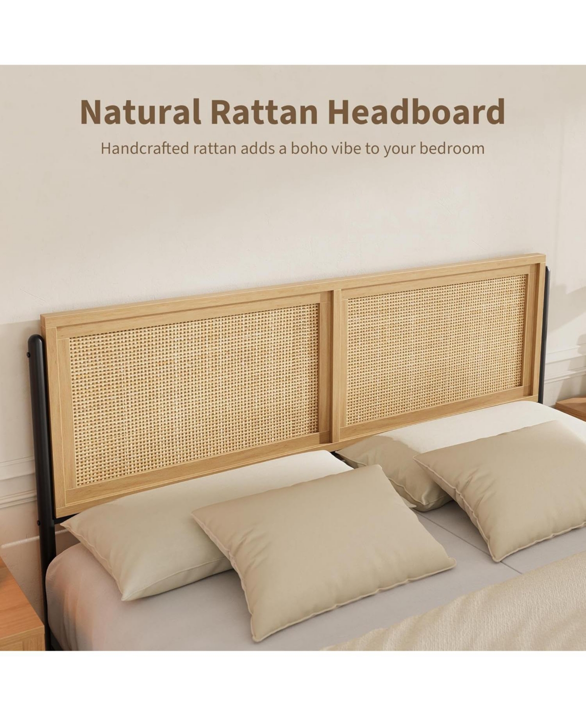 gaomon King Size Bed Frame Complete with a Rattan Headboard and Footboard, Boho King Mattress Frame, No Box Spring Needed, Noise-Free