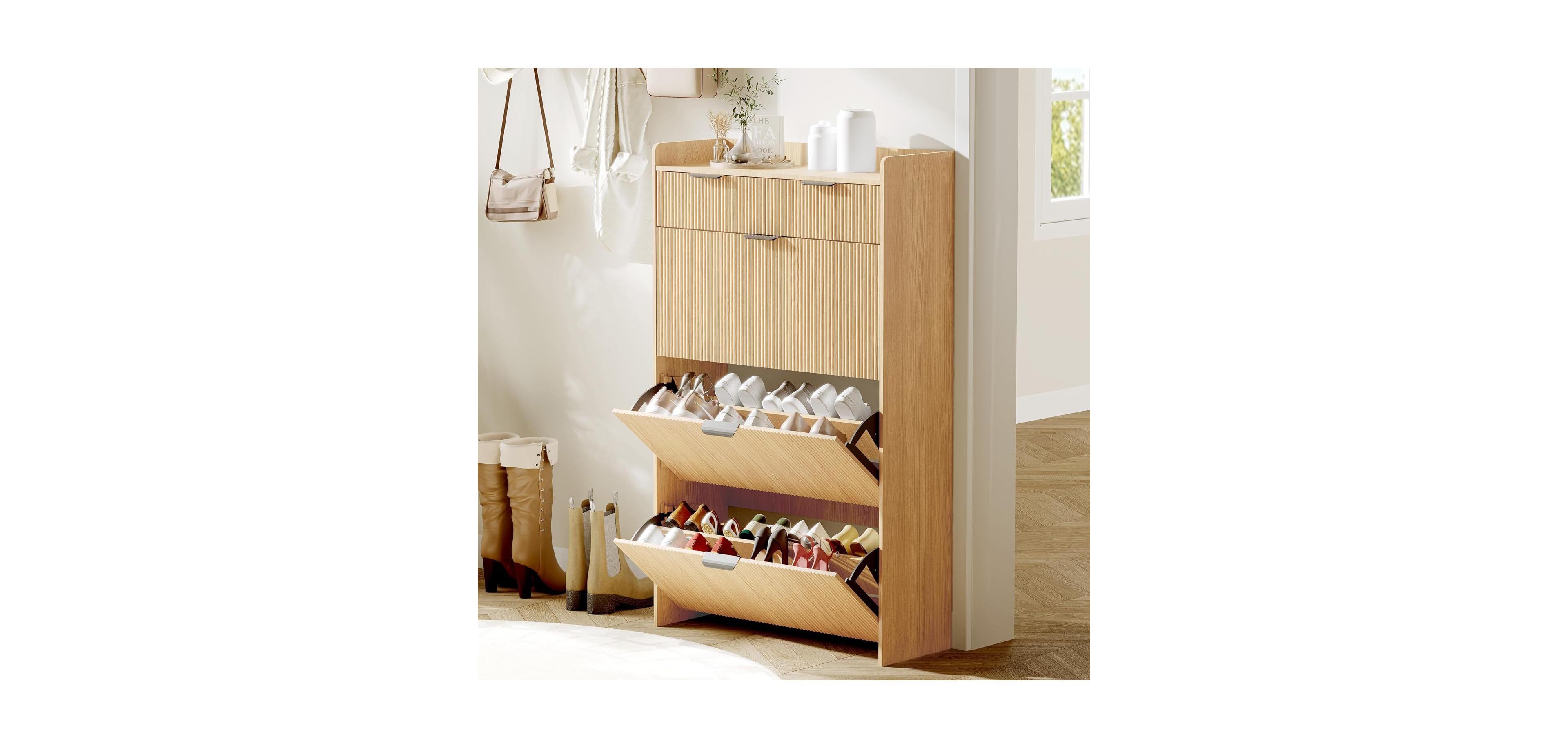 gaomon Wave Design Shoe Cabinet with 3 Slip Drawers, 2 Drawers, Raised Edges, Fluted Shoe Cabinet, Slim Hidden Shoe Organizer, Wooden Shoe Storage