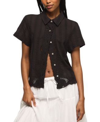 Women's Lace Short-Sleeve Boyfriend Button-Down Shirt