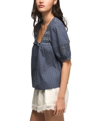 Women's Smocked Yoke Button-Down Top