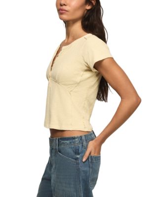 Women's Crochet Trim Short-Sleeve Henley Top