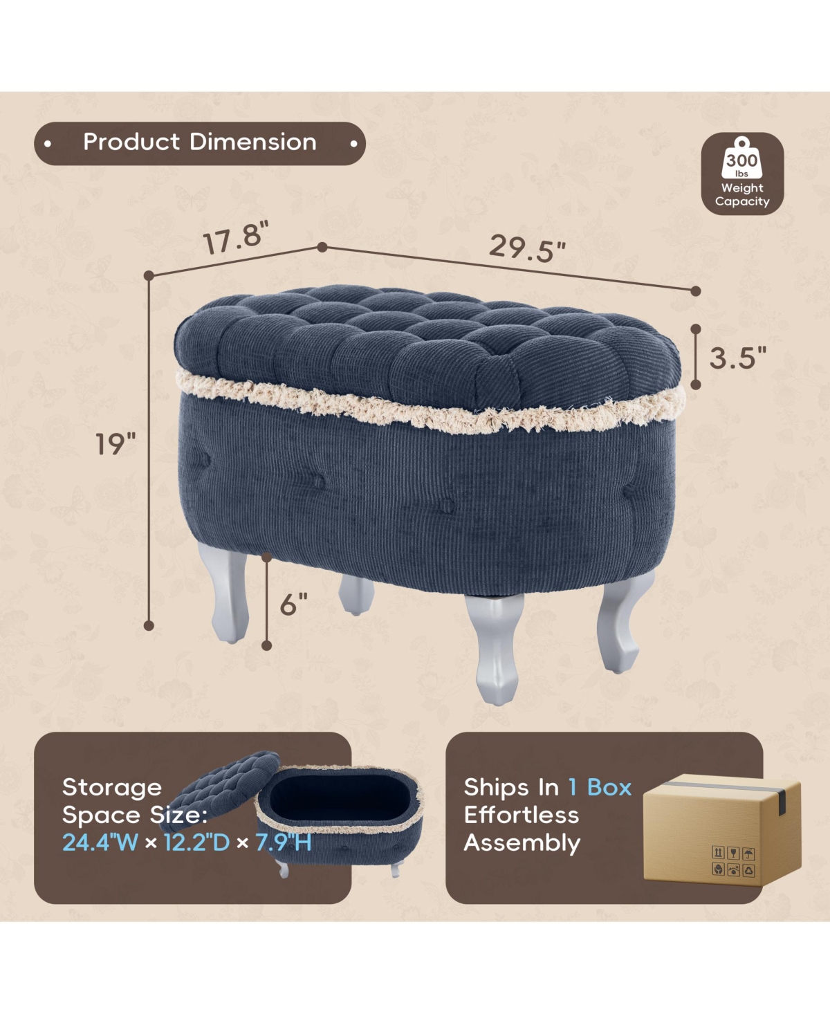 Rainsken Ottoman with Storage Upholstered Foot Stools, Window Bench with Fringe, Bed End Bench for Bedroom, Entryway and Cloakroom