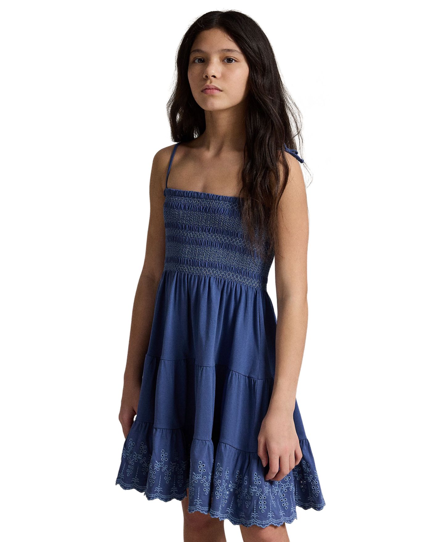 Платье Polo Ralph Lauren Smocked Eyelet Cotton Jersey Dress для девочек, цвет: Земляной синий — фото 2