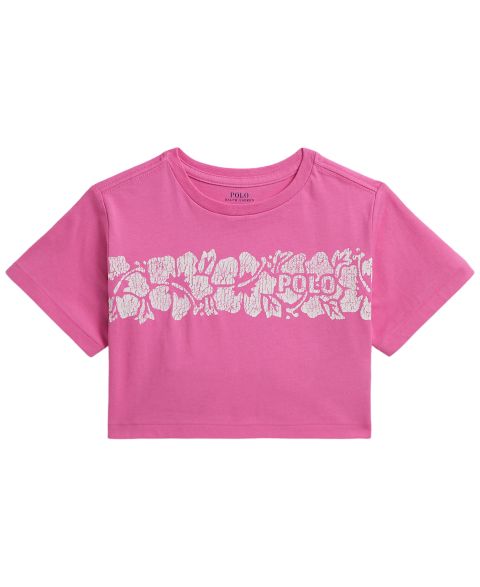 Футболка Polo Ralph Lauren Floral-Print Logo Cotton Boxy T-Shirt для девочек, цвет: Розовый
