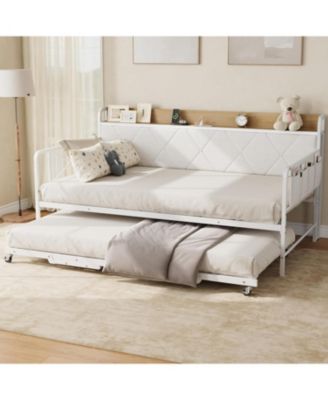 Daybed with Trundle and LED Light, Twin Size Bed Frame with Upholstered Headboard and Charging Station, Metal Frame Sofa Day Bed for Bedroom