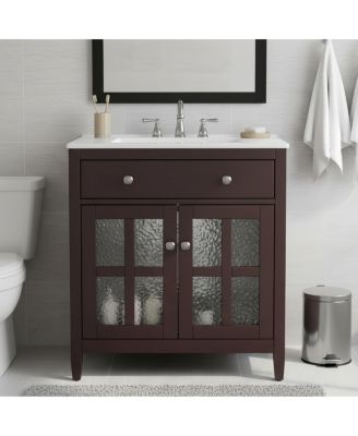 Bathroom Vanity with Sink, Modern Solid Wood Cabinet with Textured Glass Doors, Flip-Out Tray & Adjustable Shelf