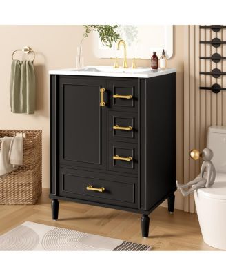 24" Black Bathroom Vanity with Ceramic Sink, Modern Freestanding Solid Wood MDF Cabinet, 3 Drawers Soft Close Door for Small Spaces