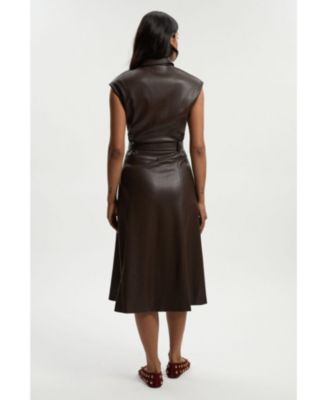 Women's Faux Leather Belted Midi Dress
