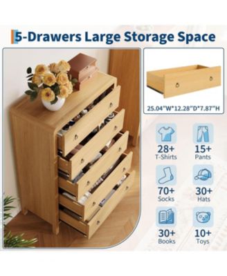 5 Drawer Dresser, Storage Chest of Drawer, Drawer Chest Bedroom Organizer Cabinet with Gold Ring Pulls, Mid-Century Modern for Bedroom, Nursey