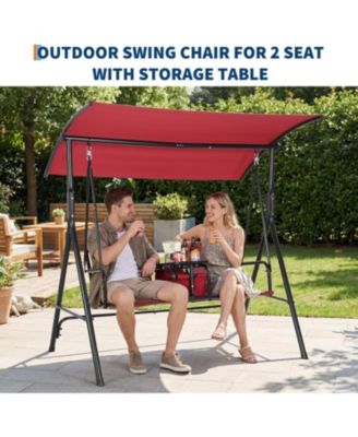 2-Person Porch Swing with Cup Holders, Pivot Storage Table & Cooler Bag, Adjustable Canopy, Steel Frame Outdoor Patio Swing for Backyard
