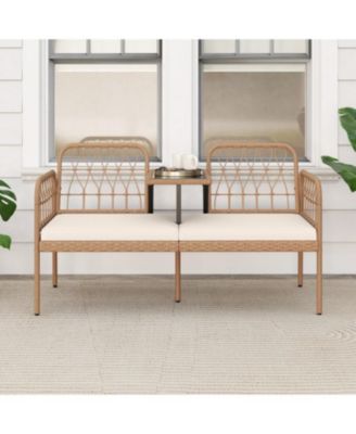 Patio 2-Seater Rattan Loveseat with Coffee Table and Soft Cushions