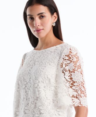 Petite Scalloped Elbow-Sleeve Lace Top