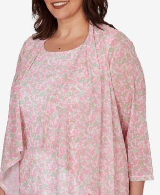 Plus Size Printed Mesh 3/4-Sleeve Cascade Cardigan Sweater